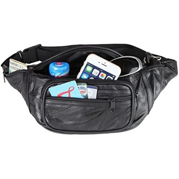 Home-X Genuine Leather Lambskin Black Fanny Pack Waist Bag w/ Multiple Pockets - Picture 1 of 10